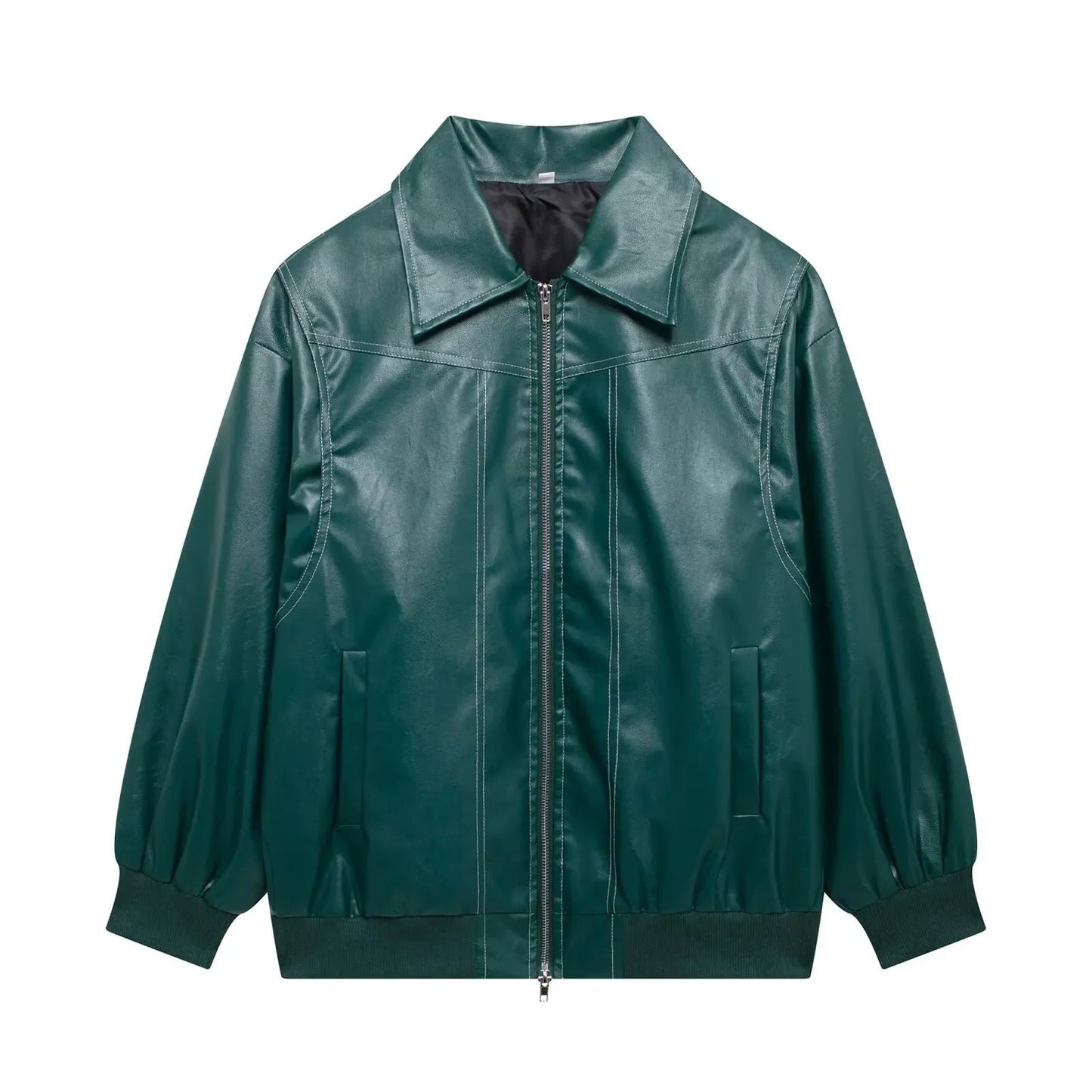 Women's new Fashion loose side pocket casual imitation leather jacket coat retro lapel long sleeved women's coat chic top