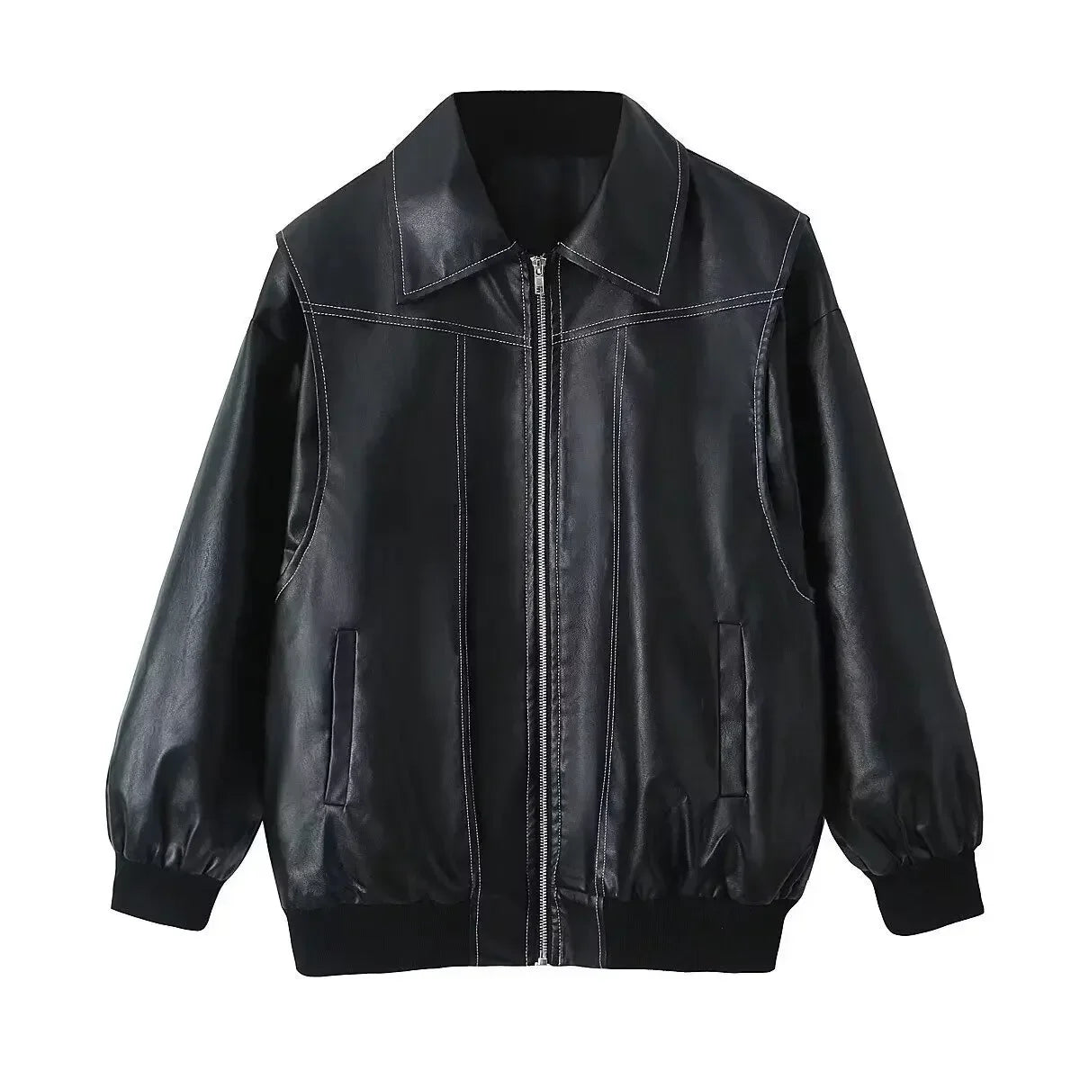Women's new Fashion loose casual versatile retro imitation leather jacket coat long sleeved side pocket women's coat chic top