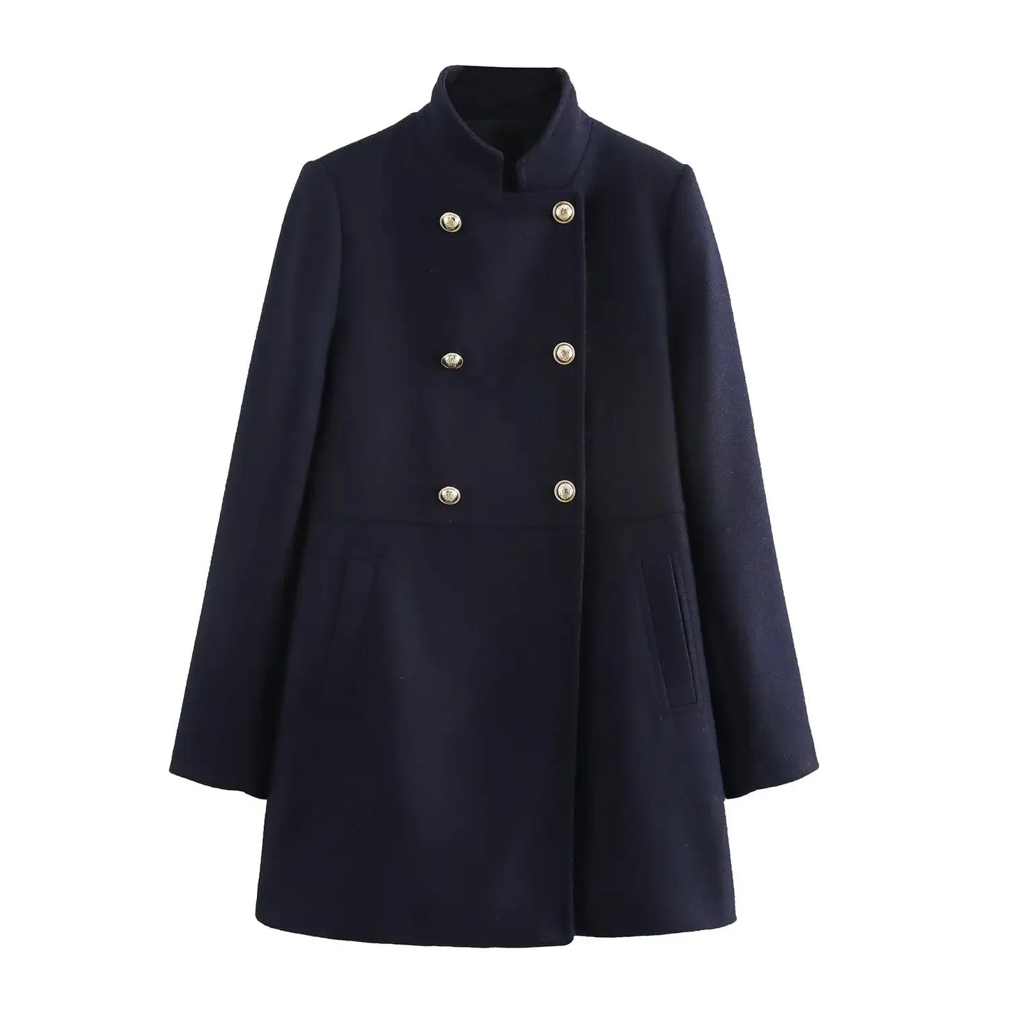Women's new fashion gold double breasted decoration slim stand Neck woolen coat retro long sleeved pocket women's coat Chic top