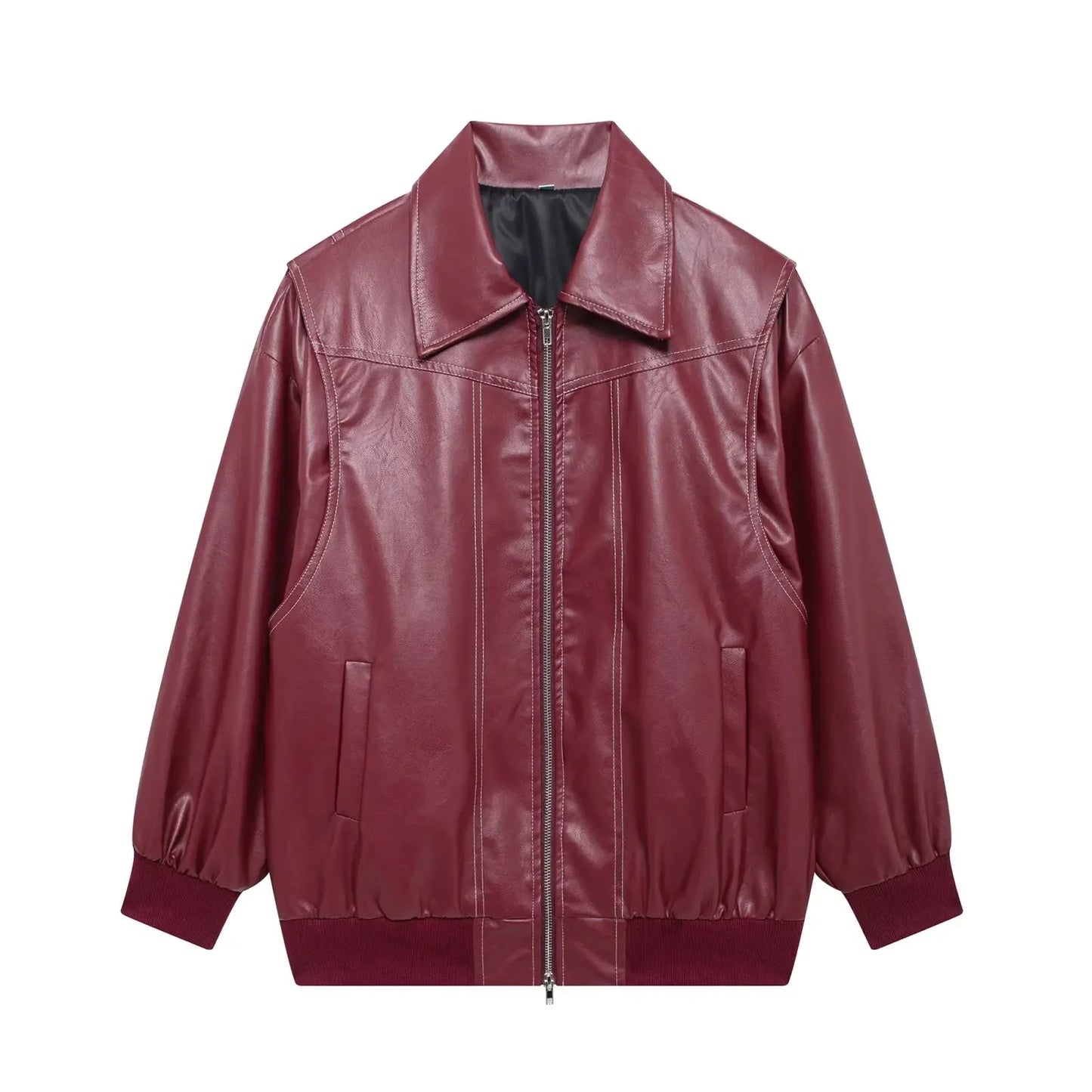 Women's new Fashion loose side pocket casual imitation leather jacket coat retro lapel long sleeved women's coat chic top
