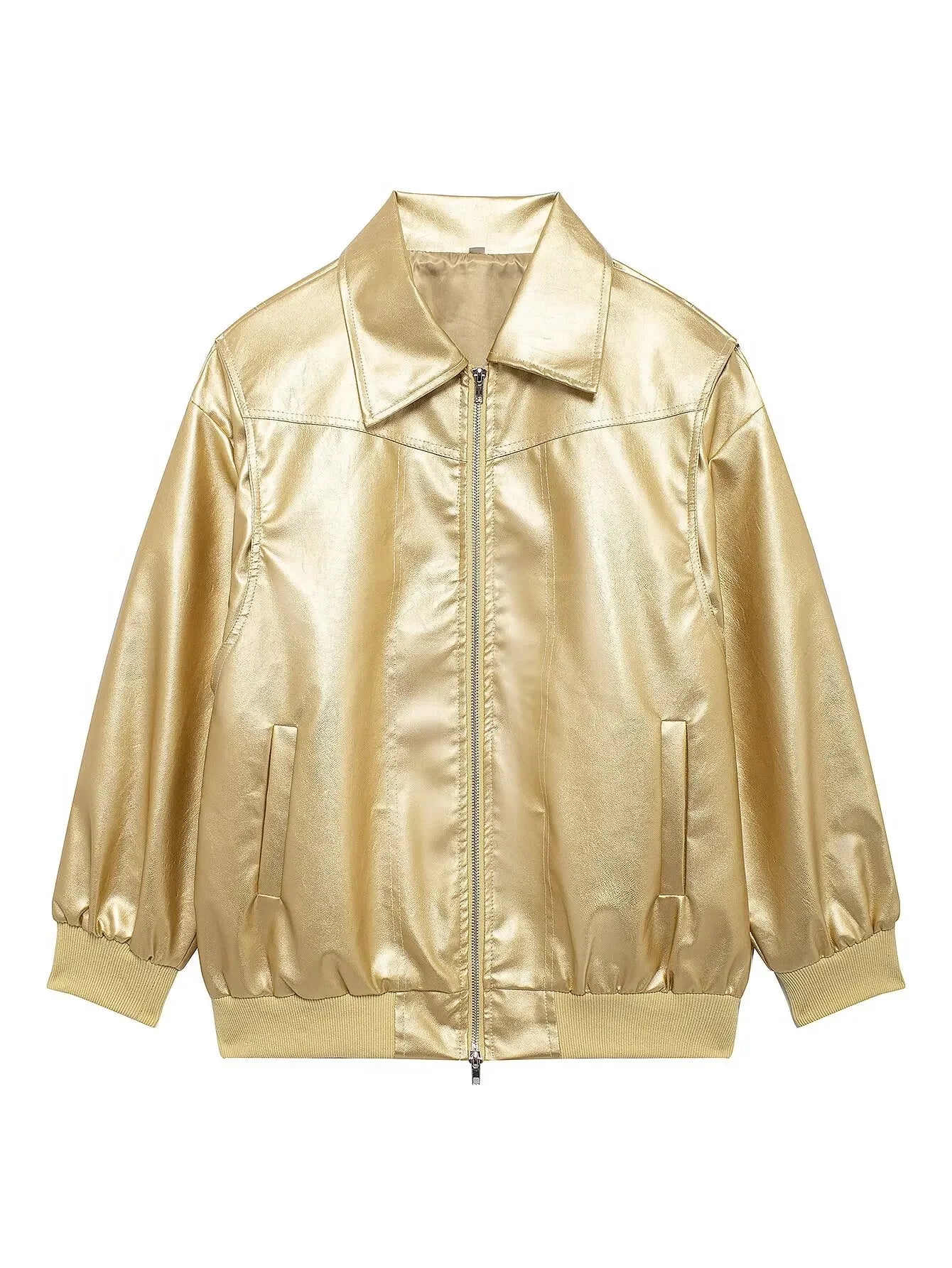 Women's new Fashion loose side pocket casual imitation leather jacket coat retro lapel long sleeved women's coat chic top