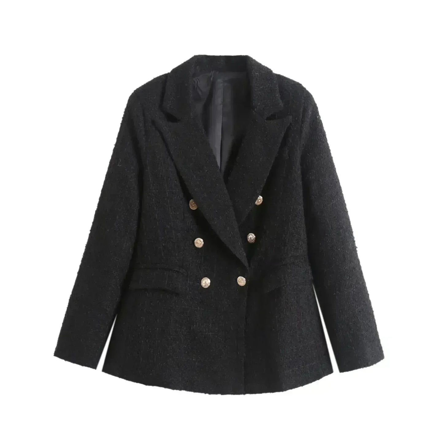Women 2022 New Fashion Double Breasted Tweed Blazer Coat Vintage Long Sleeve Pockets Female Outerwear Chic