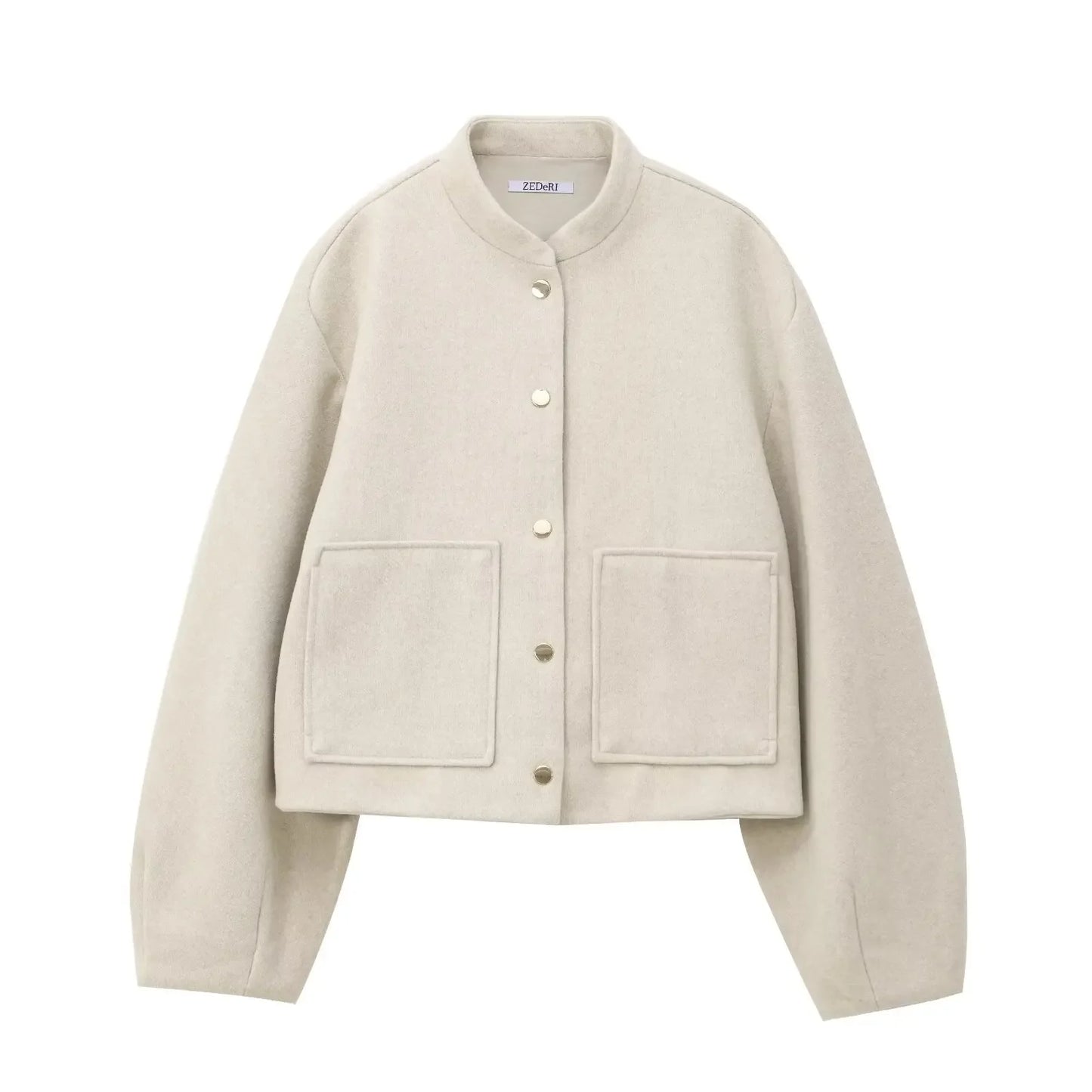 Women's new Fashion Pocket decoration short stand collar woolen jacket coat retro long sleeved button up women's coat chic top