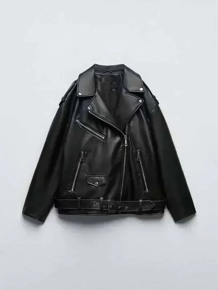 Women 2023 New Fashion With belt Loose Faux leather Locomotive style Jacket Coat Vintage Long Sleeve Female Outerwear Chic
