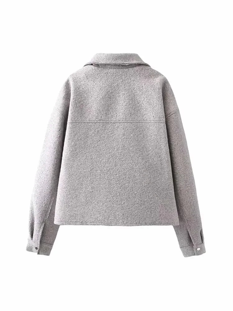 Women's new fashion flip pocket decoration casual short lapel Woolen jacket coat retro long sleeved zipper women's coat chic top