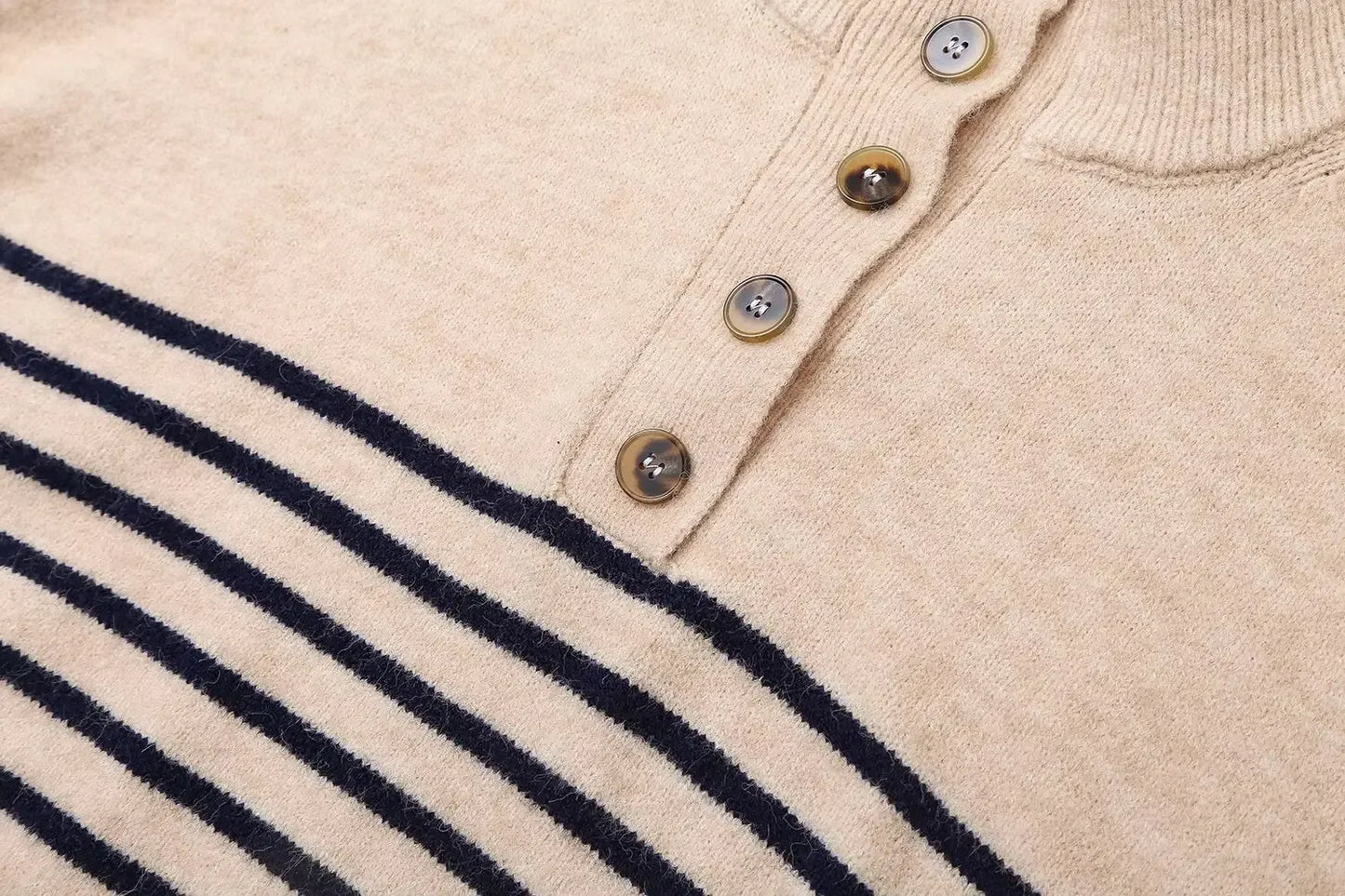 Women's new fashion button up decoration casual stand Neck striped knitted sweater retro long sleeved women's pullover chic top