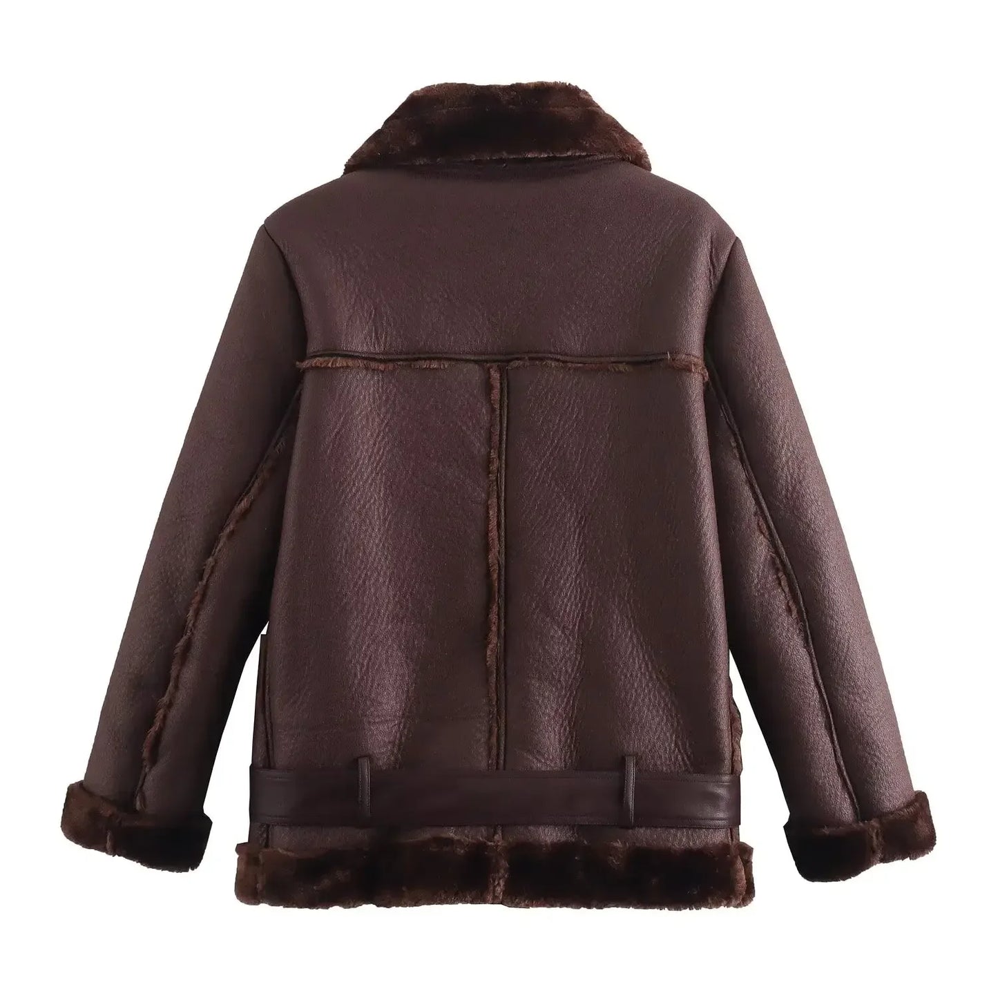 Women's new Fashion With Belt casual thick warm Fur Faux Leather jacket retro long sleeved zipper pocket women's Coat chic top