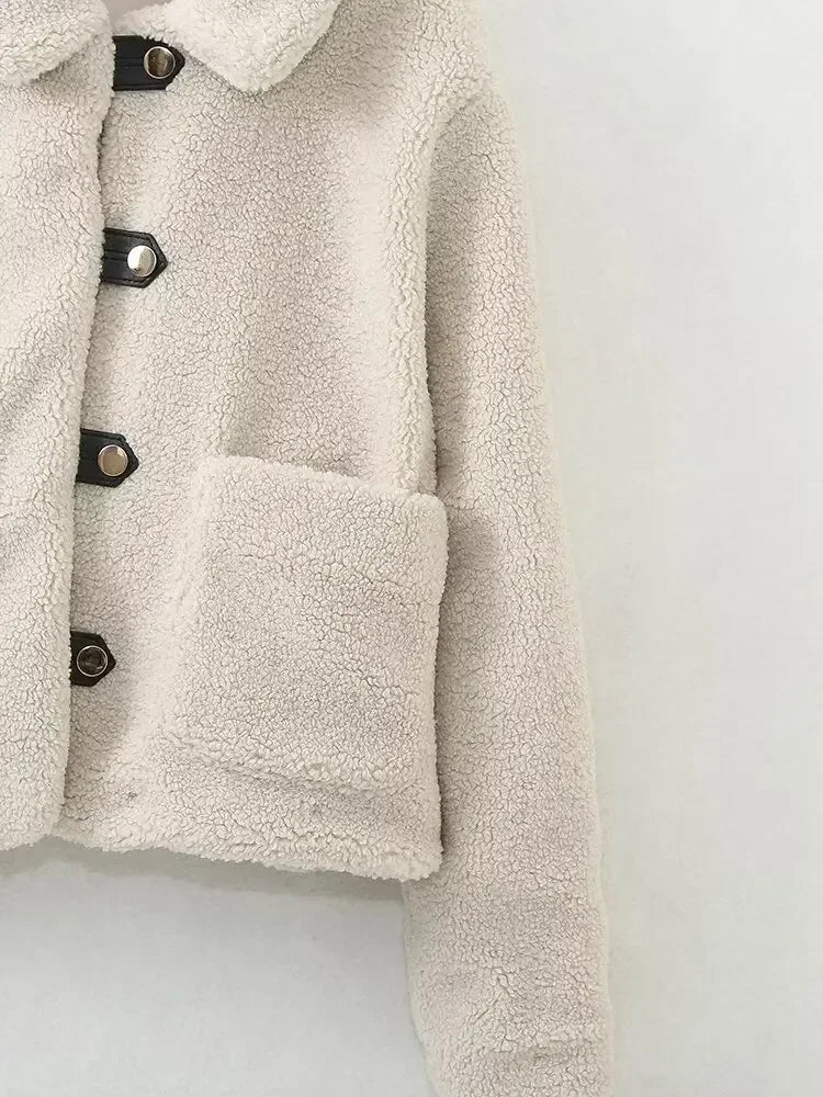 Women's 2024 New Fashion Casual Single breasted Warm Lapel Fleece Jacket Coat Retro Long Sleeve Pocket Women's Coat Unique Top