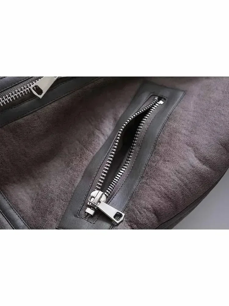 Women's new fashion belt decoration casual heavy industry Fur Faux Leather jacket retro long sleeved zipper Female Coat chic top