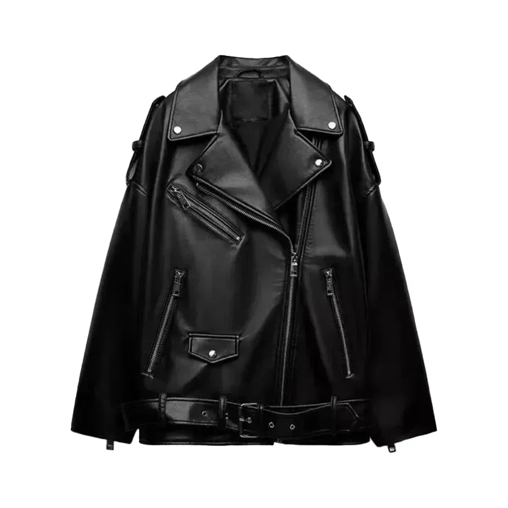 Women 2025 Autumn New Fashion Imitation Leather Loose Jacket Coat Vintage Long Sleeve Zipper Female Outerwear Chic Tops