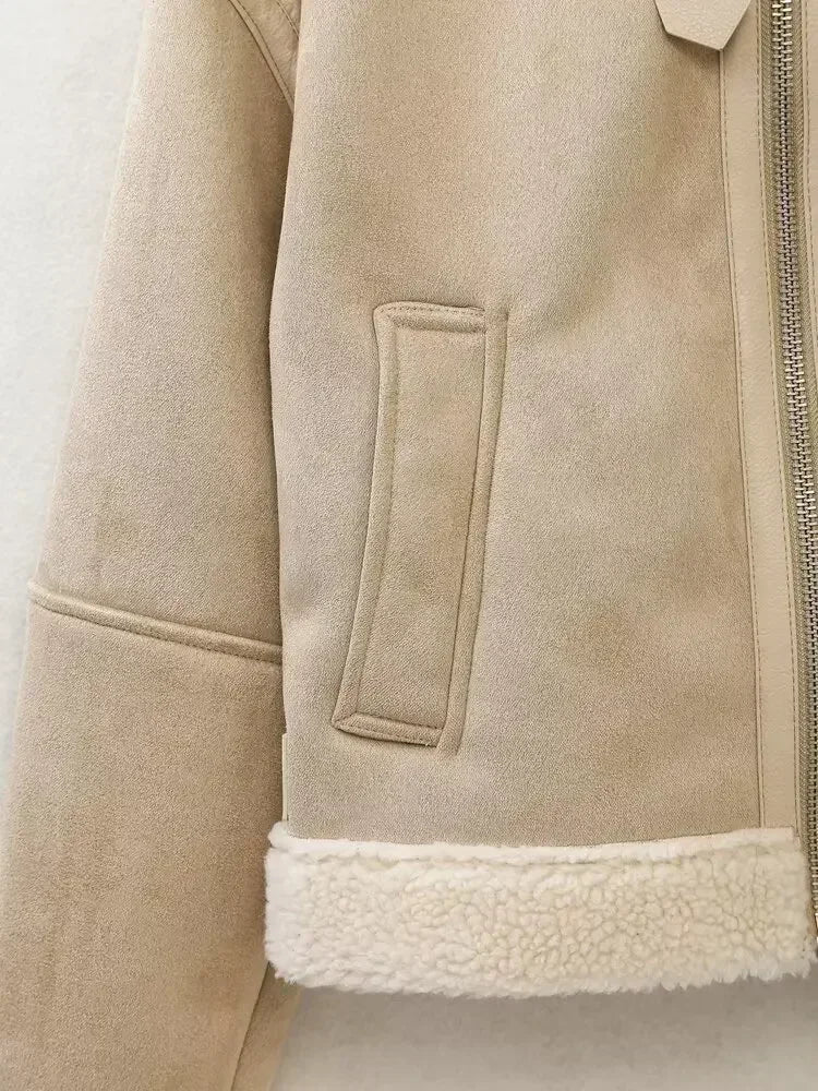 Women's new Fashion belt decoration casual double-sided Fur Faux Leather jacket retro long sleeved zipper women's Coat chic top
