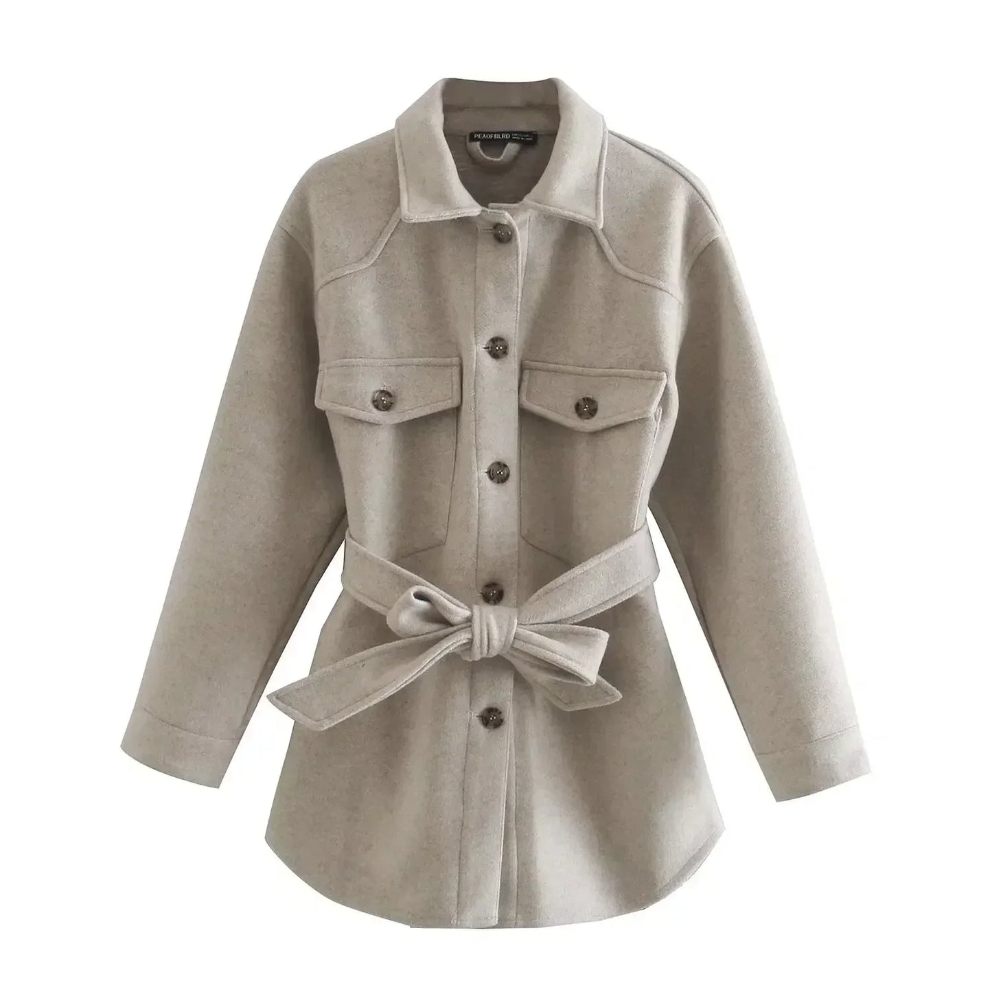 Women's 2024 new Fashion With belt loose single breasted shirt style warm woolen coat retro long sleeved women's coat chic