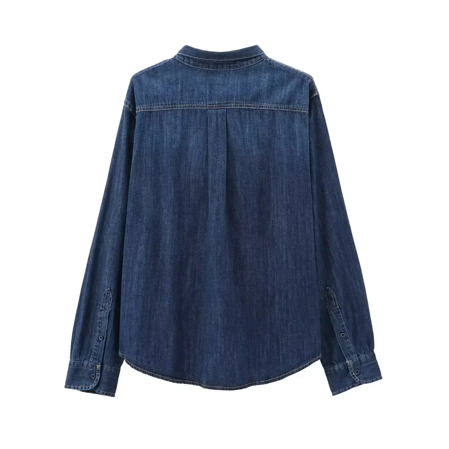 Women's new fashion bow decoration loose single breasted casual denim shirt retro long sleeved pocket women's shirt top