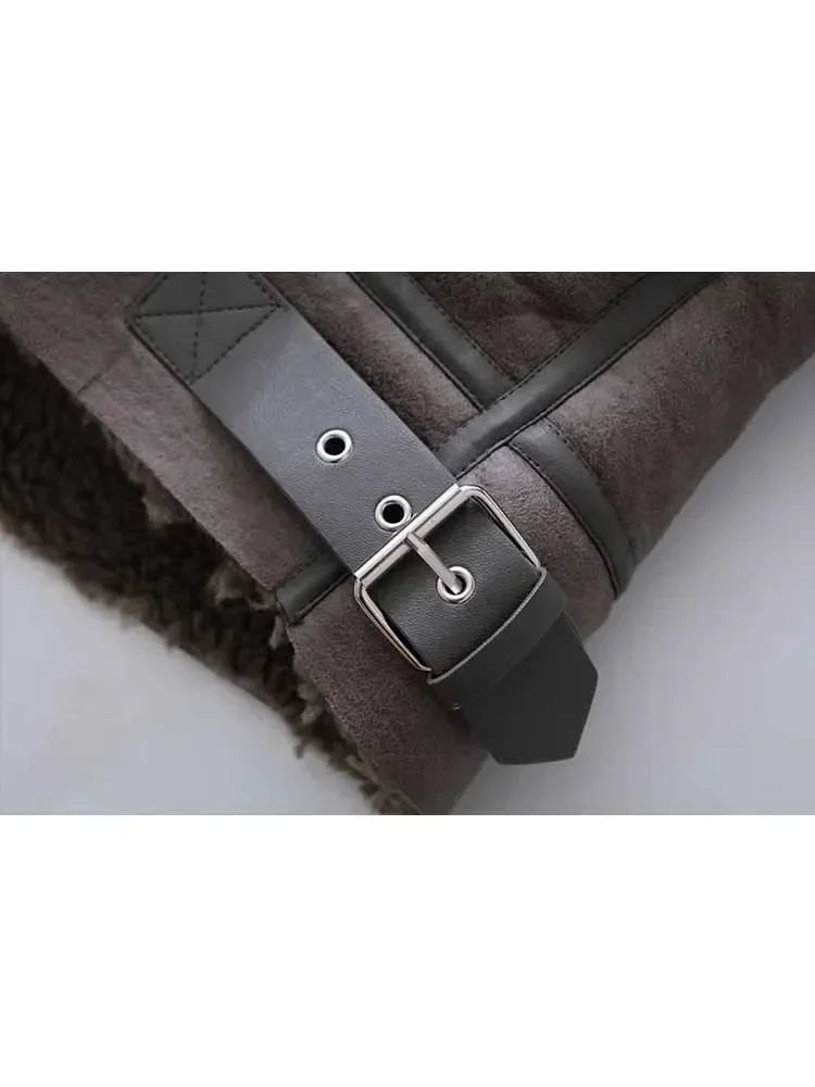 Women's new fashion belt decoration casual heavy industry Fur Faux Leather jacket retro long sleeved zipper Female Coat chic top