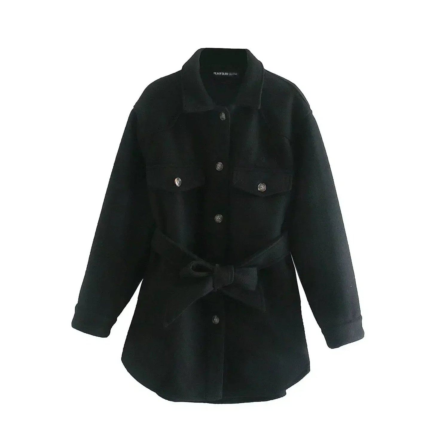 Women's 2024 new Fashion With belt loose single breasted shirt style warm woolen coat retro long sleeved women's coat chic