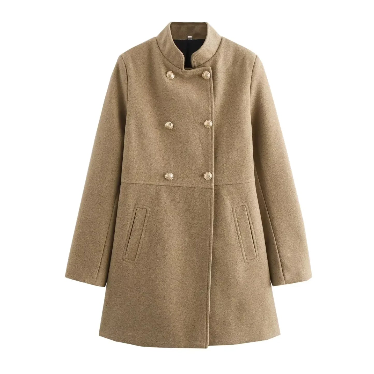 Women's new fashion gold double breasted decoration slim stand Neck woolen coat retro long sleeved pocket women's coat Chic top
