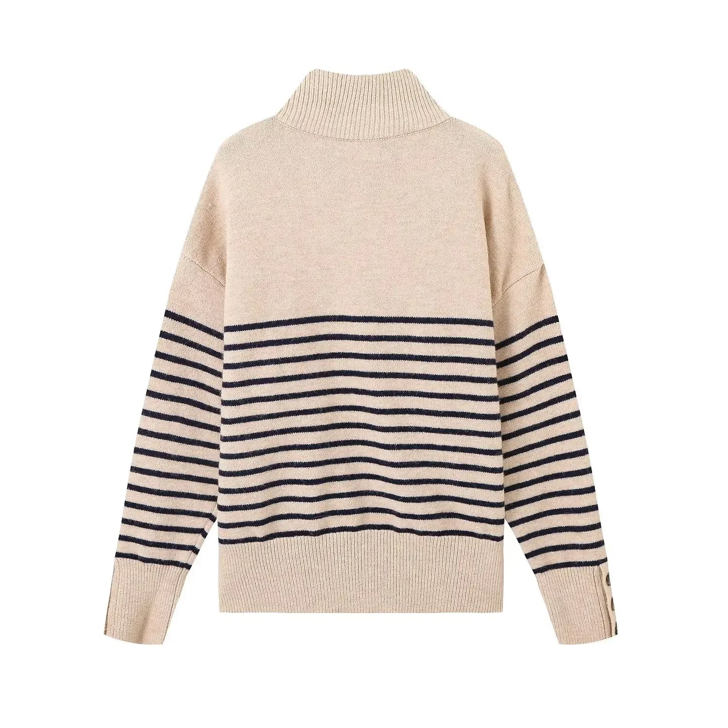Women's new fashion button up decoration casual stand Neck striped knitted sweater retro long sleeved women's pullover chic top