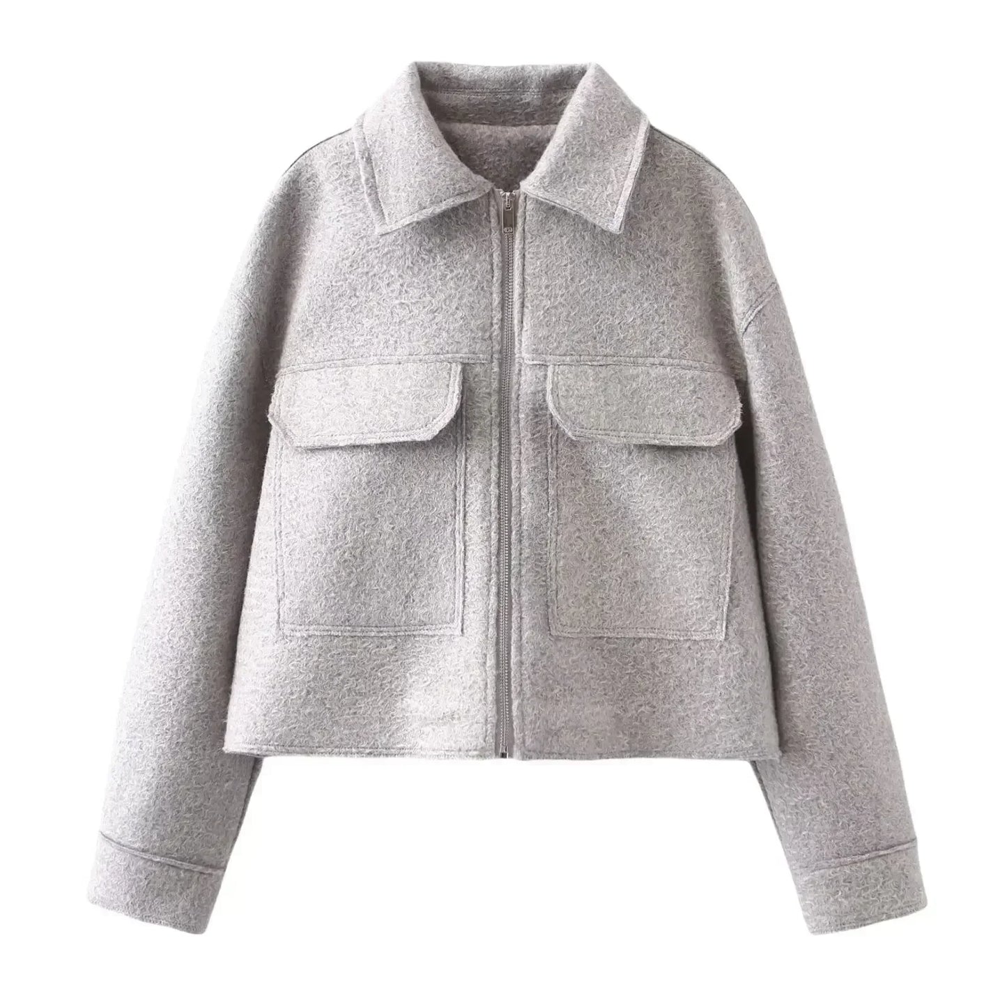 Women's new fashion flip pocket decoration casual short lapel Woolen jacket coat retro long sleeved zipper women's coat chic top