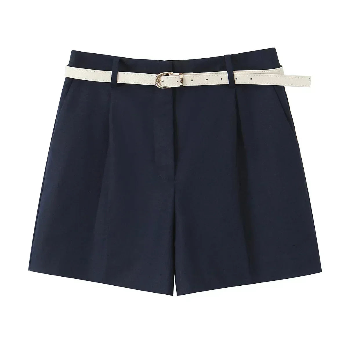 22 Women's 2024 New Chic Fashion Belt Decoration Casual Versatile Pleated Shorts Retro High Waist Side Pocket Women's Shorts