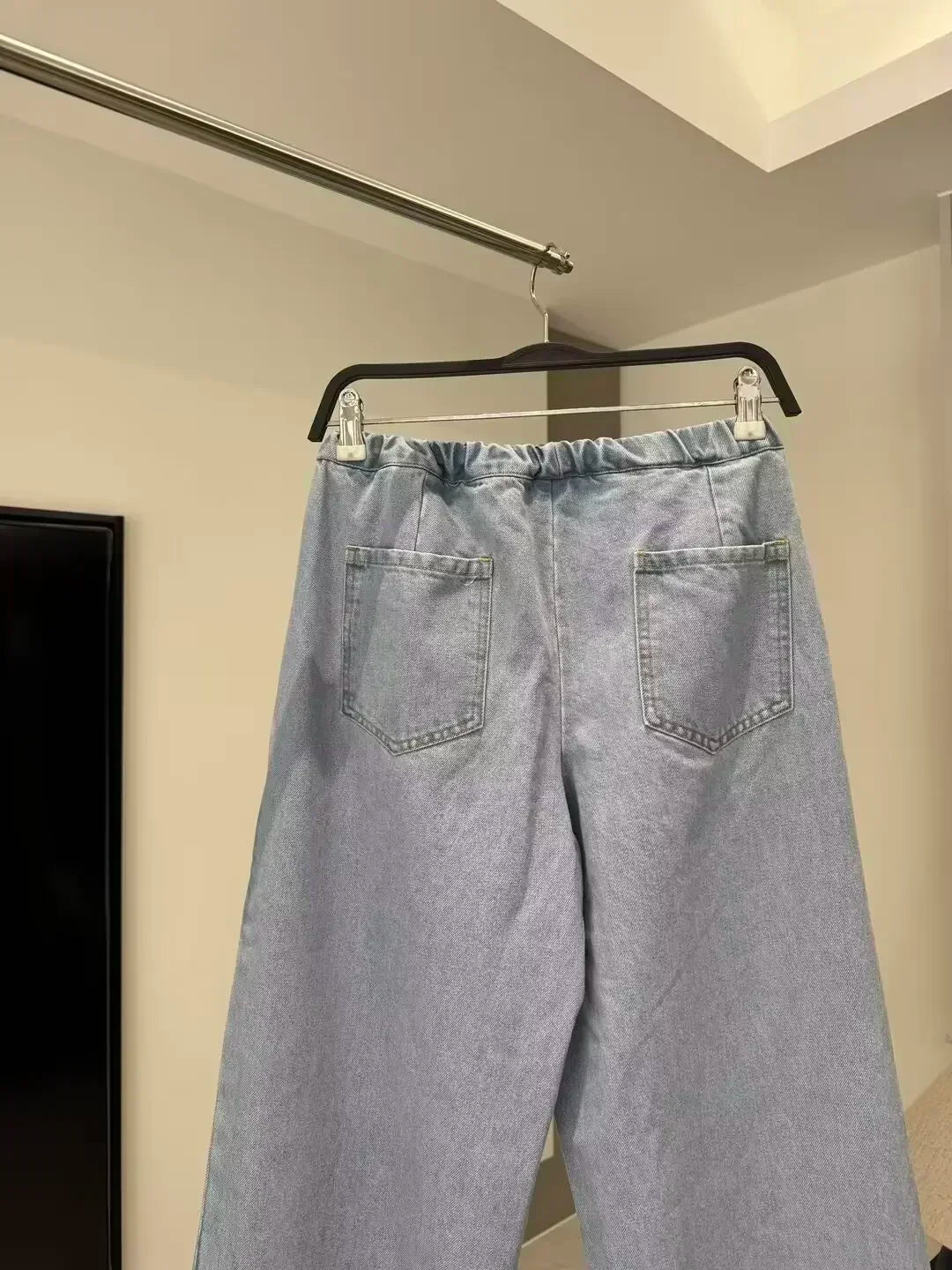 Women's 2024 New Fashion Side Pocket Decoration Loose Jogging Wide Leg Jeans Retro Elastic Waist Drawstring denim pants