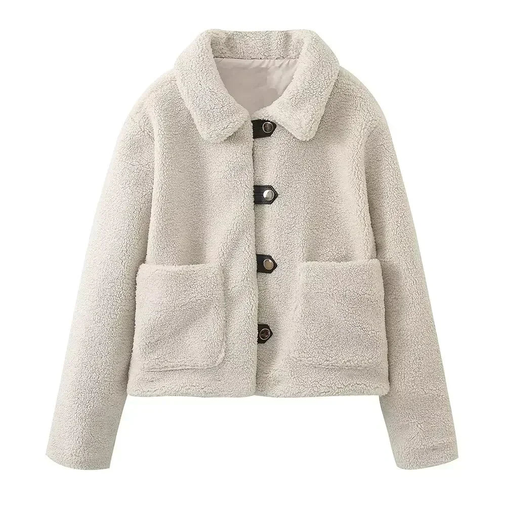 Women's 2024 New Fashion Casual Single breasted Warm Lapel Fleece Jacket Coat Retro Long Sleeve Pocket Women's Coat Unique Top