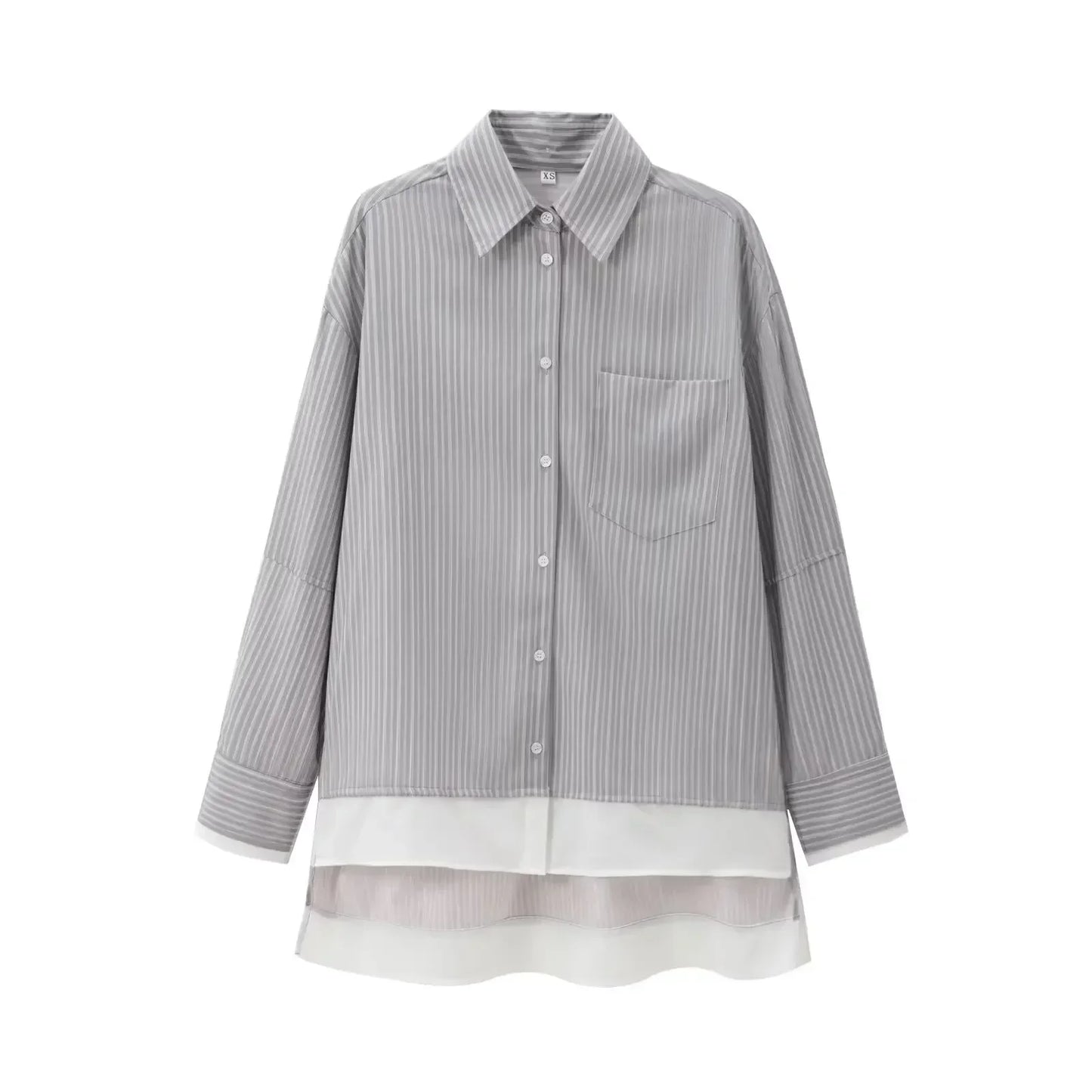 Women's new fashion pocket decoration asymmetrical shirt poplin striped shirt retro long sleeved button up Female shirt chic top