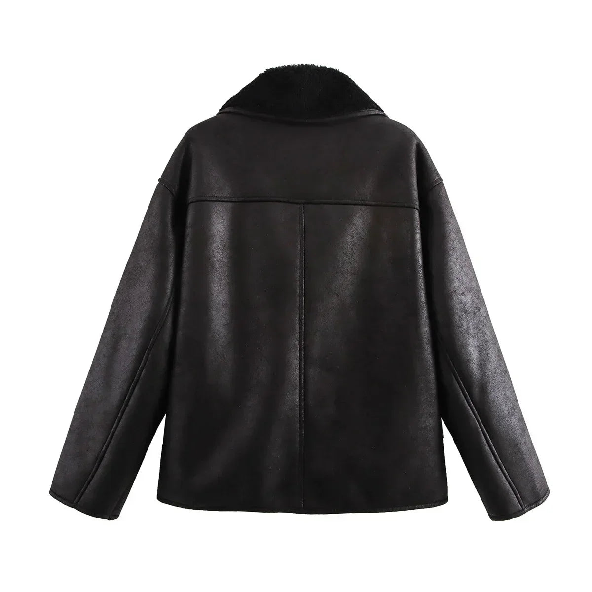 Women's new fashion pocket decoration loose warm Fur Faux Leather jacket Coat retro long sleeved button up women's Coat chic top