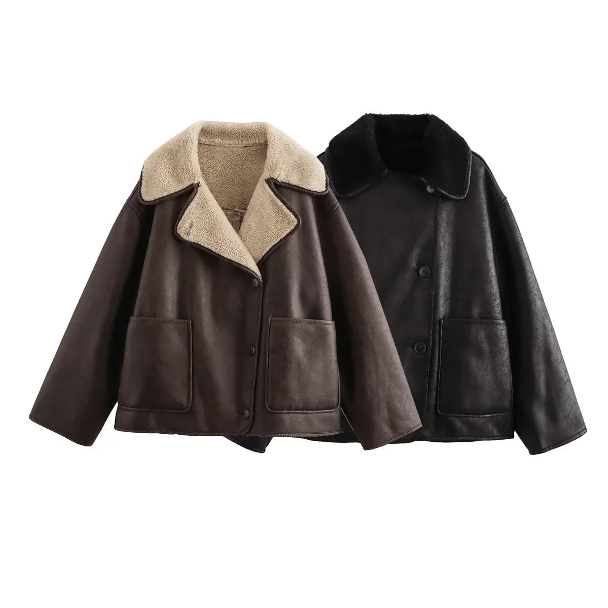 Women's new fashion pocket decoration loose warm Fur Faux Leather jacket Coat retro long sleeved button up women's Coat chic top