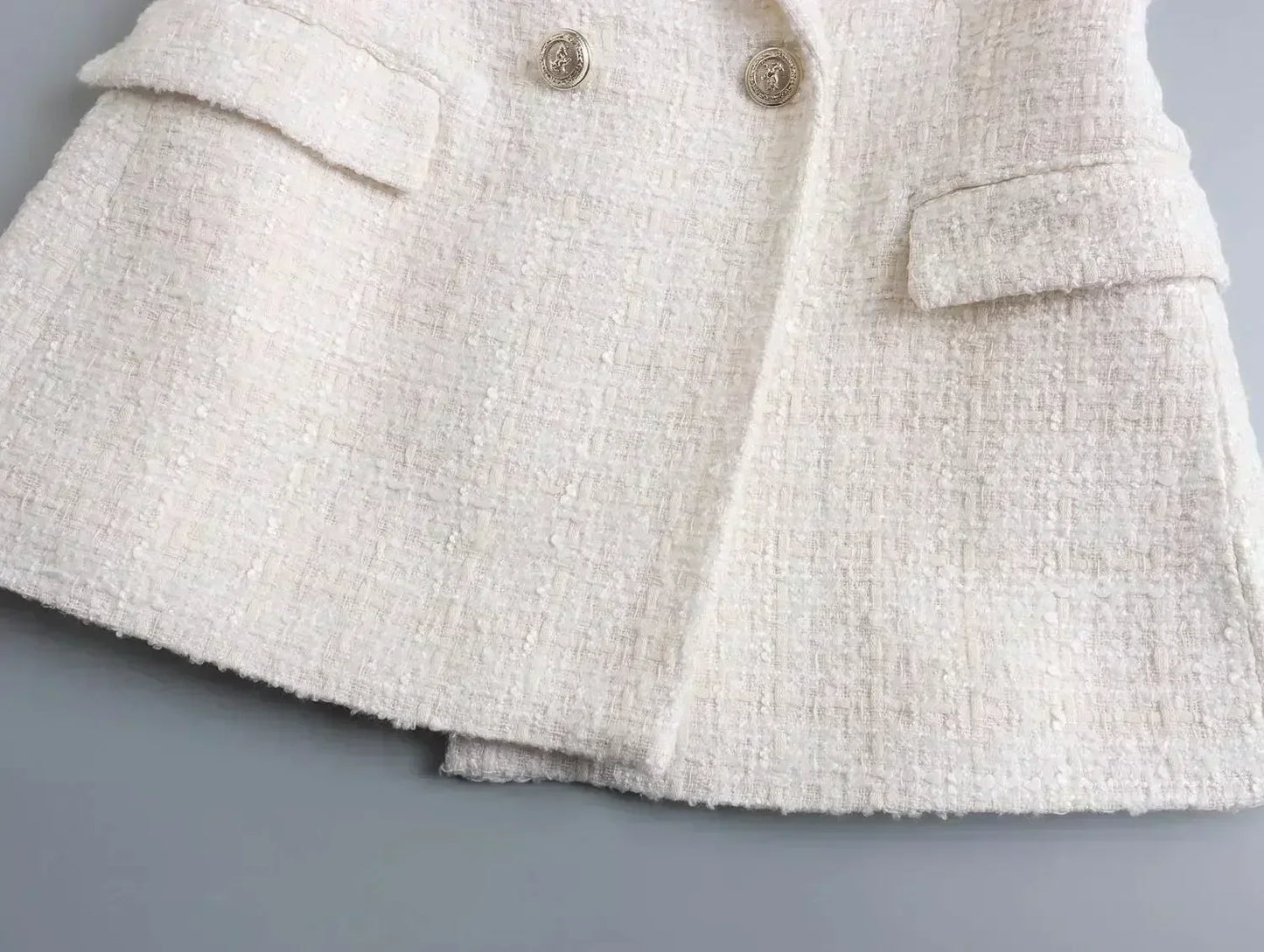 Women 2022 New Fashion Double Breasted Tweed Blazer Coat Vintage Long Sleeve Pockets Female Outerwear Chic