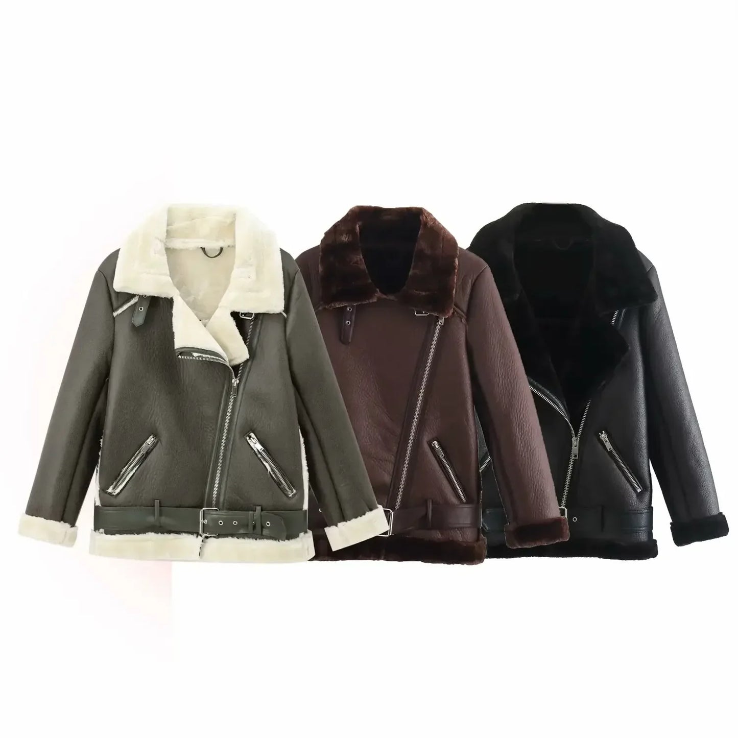 Women's new Fashion With Belt casual thick warm Fur Faux Leather jacket retro long sleeved zipper pocket women's Coat chic top