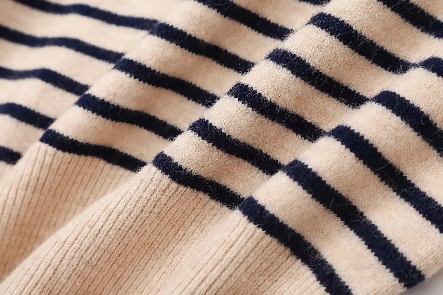 Women's new fashion button up decoration casual stand Neck striped knitted sweater retro long sleeved women's pullover chic top