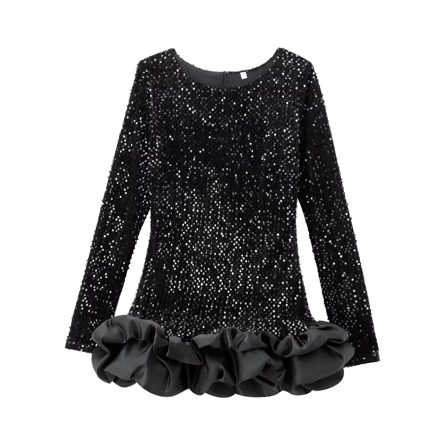 Women's new fashion layered hem design slim versatile sequin mini dress retro O-Neck long sleeved women's dress Mujer