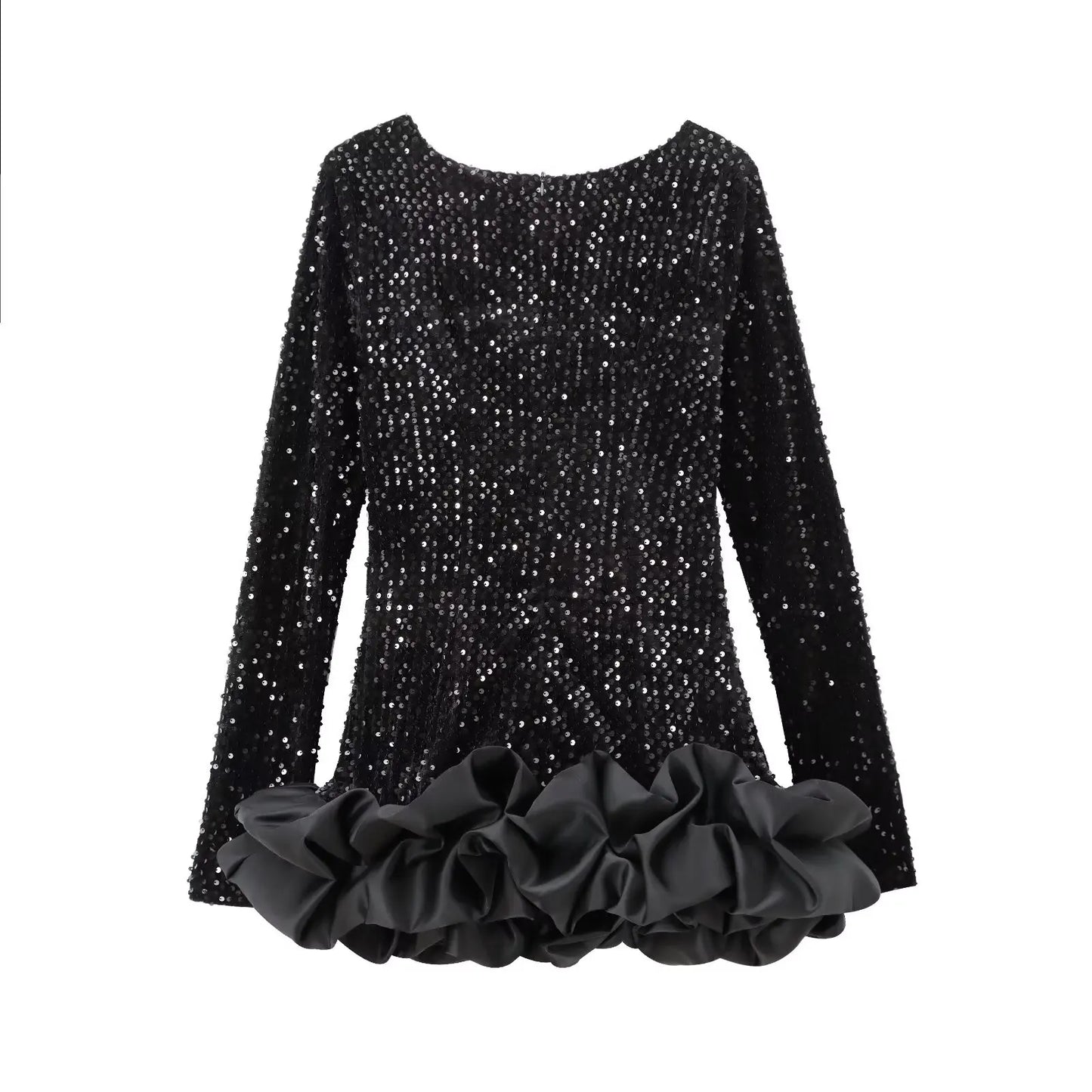 Women's new fashion layered hem design slim versatile sequin mini dress retro O-Neck long sleeved women's dress Mujer