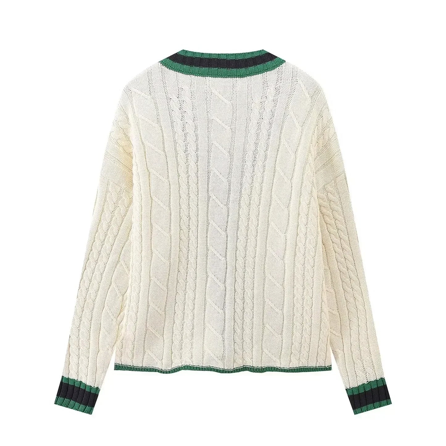 Women's new fashion loose single breasted V Neck contrasting striped knitted coat retro long sleeved pocket Female coat chic top