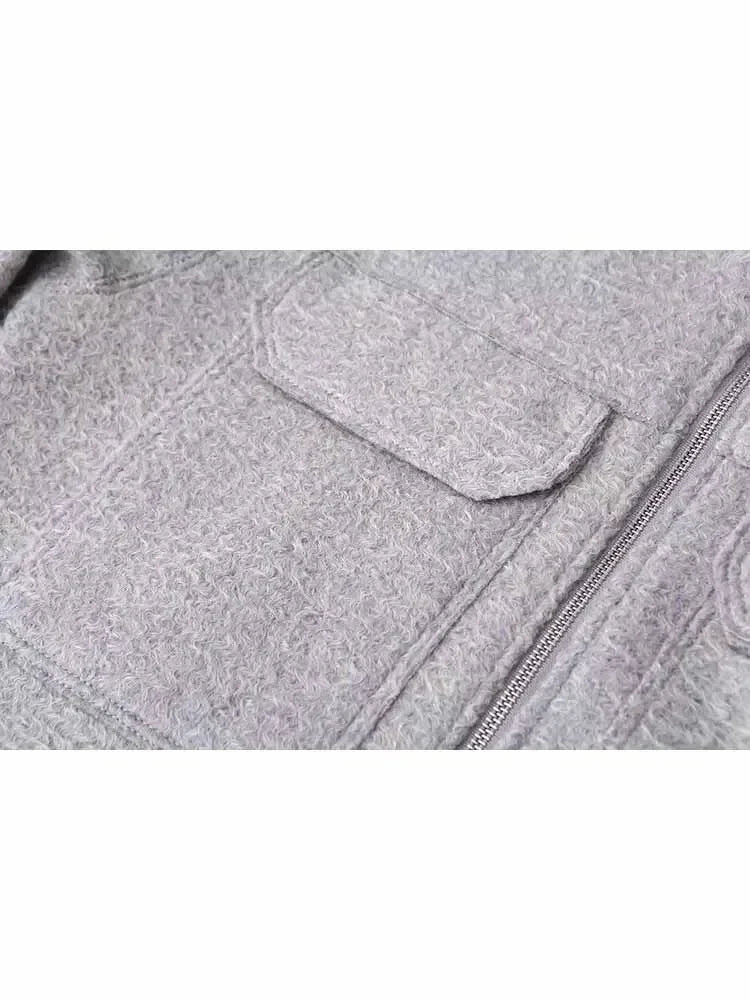 Women's new fashion flip pocket decoration casual short lapel Woolen jacket coat retro long sleeved zipper women's coat chic top