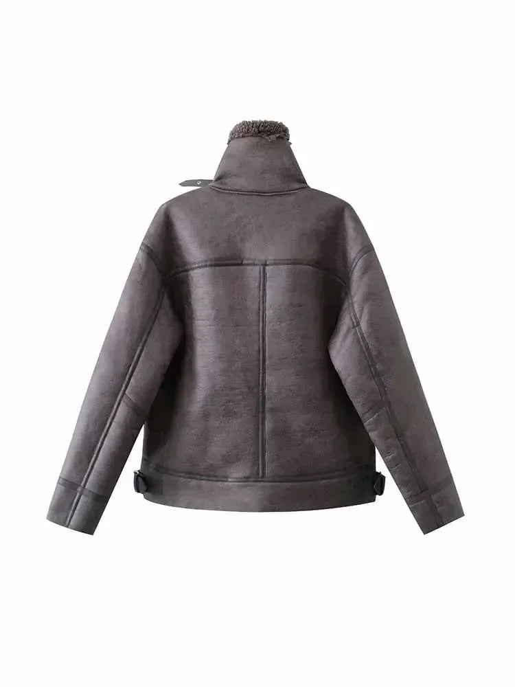 Women's new fashion belt decoration casual heavy industry Fur Faux Leather jacket retro long sleeved zipper Female Coat chic top
