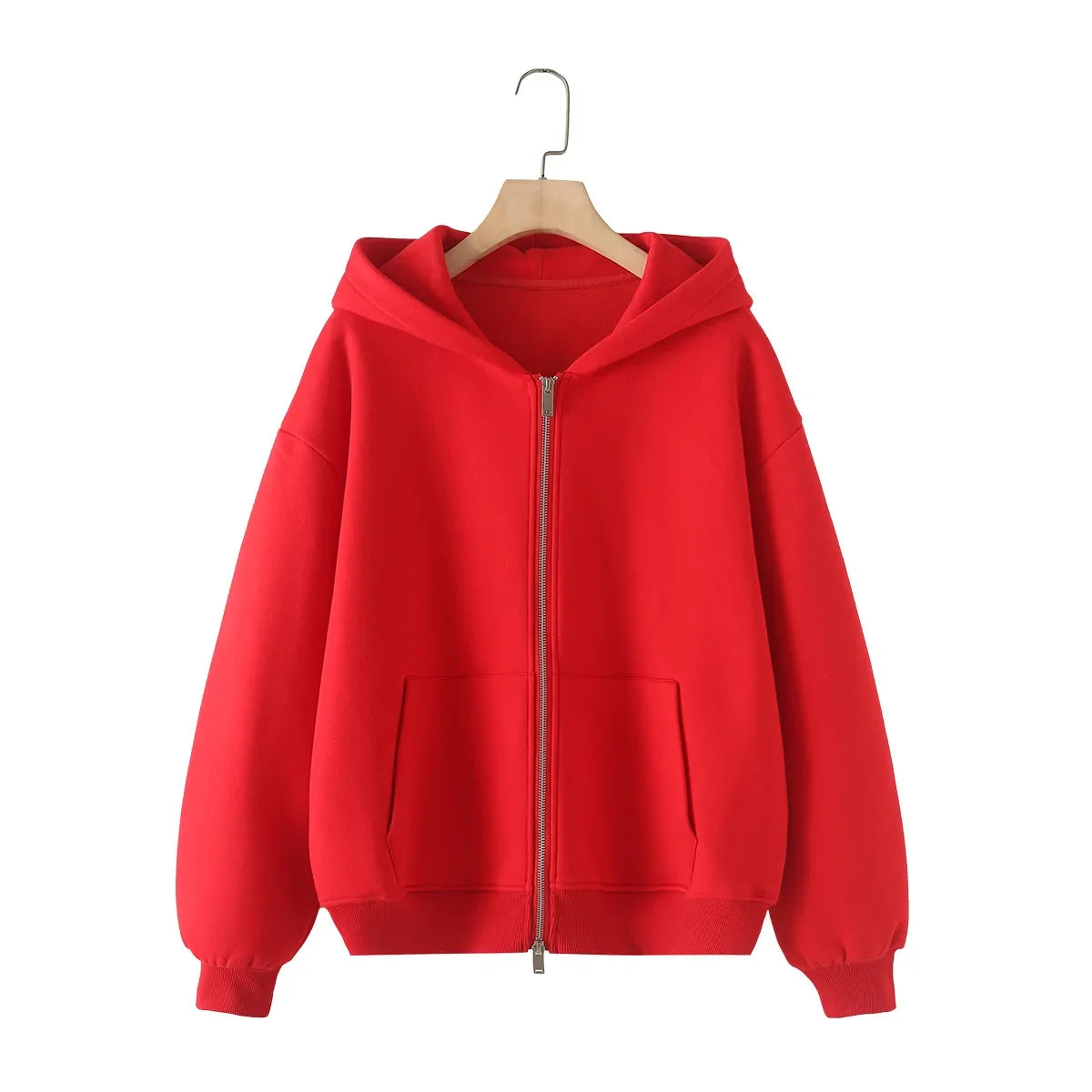 Ladies' new fashion zipper decoration loose cotton blend hooded sweatshirt Retro long sleeved pocket women's pullover chic top