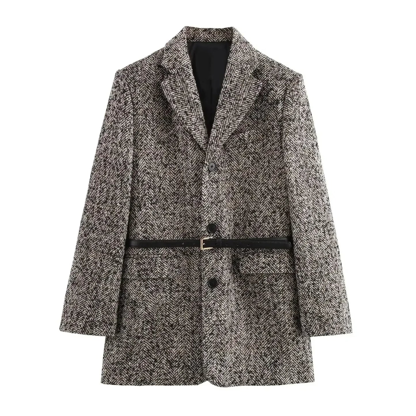 Ladies' new fashion with Belt flap pocket decoration loose striped suit coat retro long sleeved button up women's coat chic top