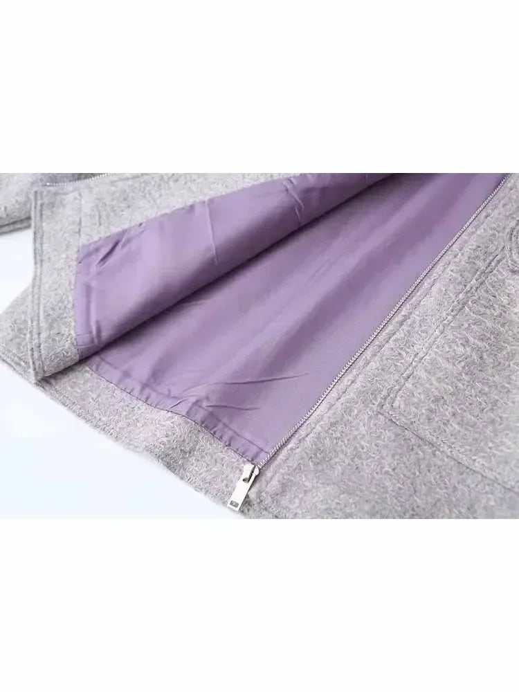 Women's new fashion flip pocket decoration casual short lapel Woolen jacket coat retro long sleeved zipper women's coat chic top