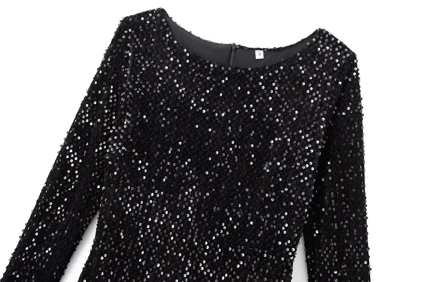 Women's new fashion layered hem design slim versatile sequin mini dress retro O-Neck long sleeved women's dress Mujer
