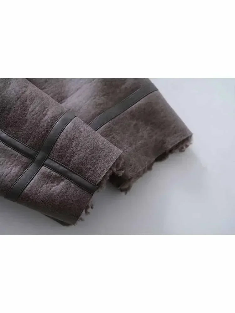 Women's new fashion belt decoration casual heavy industry Fur Faux Leather jacket retro long sleeved zipper Female Coat chic top