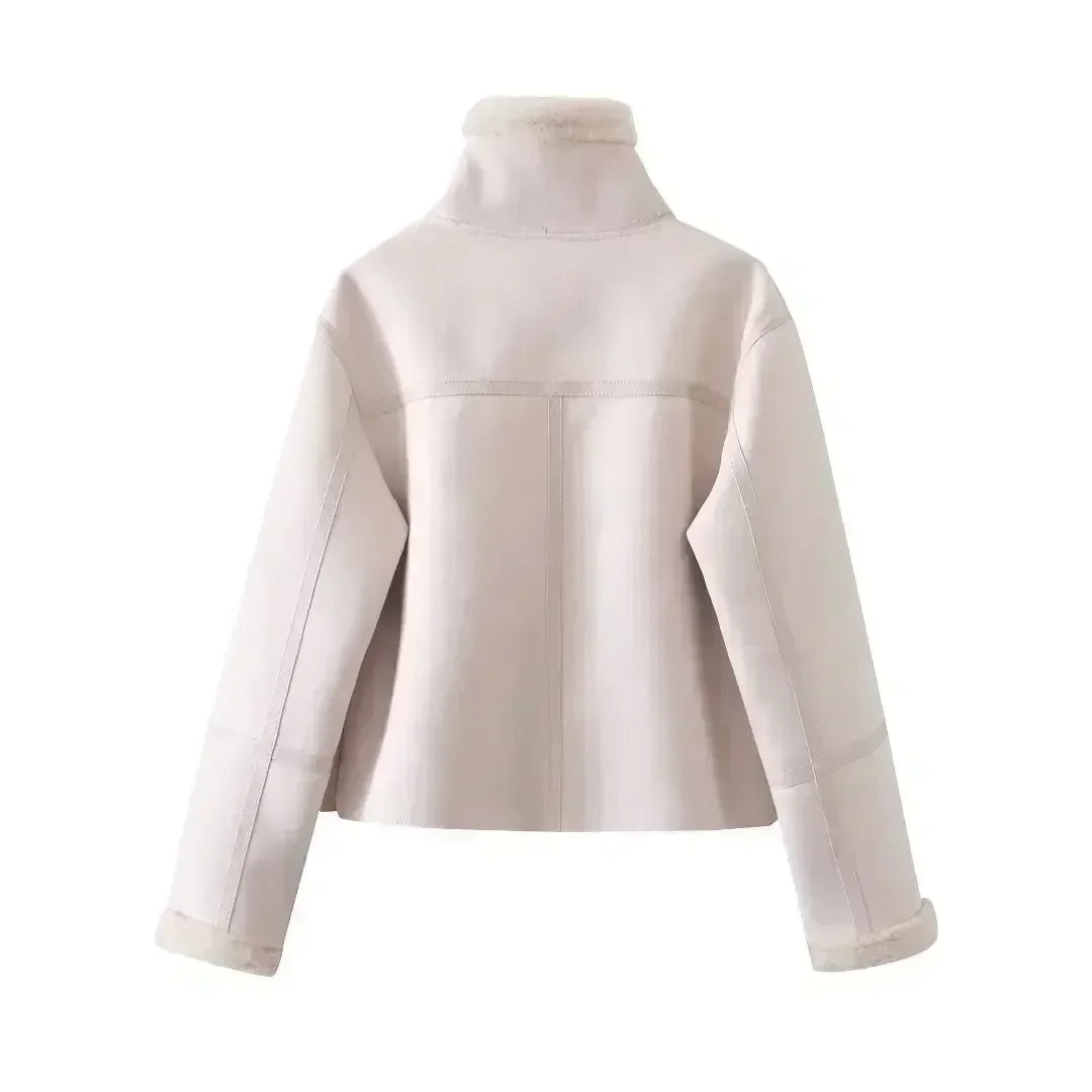 Women Winter Fashion Cropped Fur Faux Leather Warm Jacket Coat Vintage Long Sleeve Side Pockets Female Outerwear Chic Tops