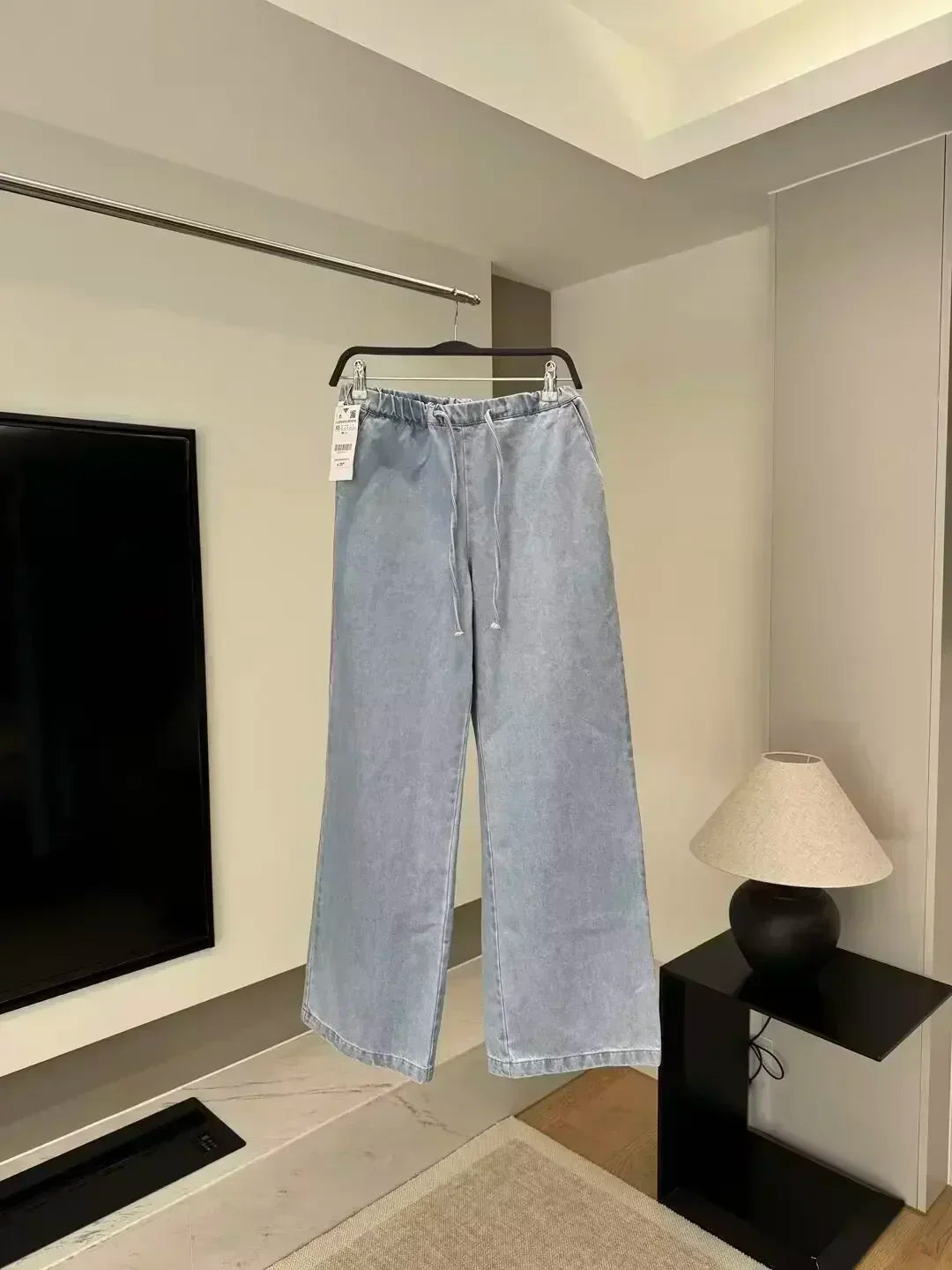 Women's 2024 New Fashion Side Pocket Decoration Loose Jogging Wide Leg Jeans Retro Elastic Waist Drawstring denim pants