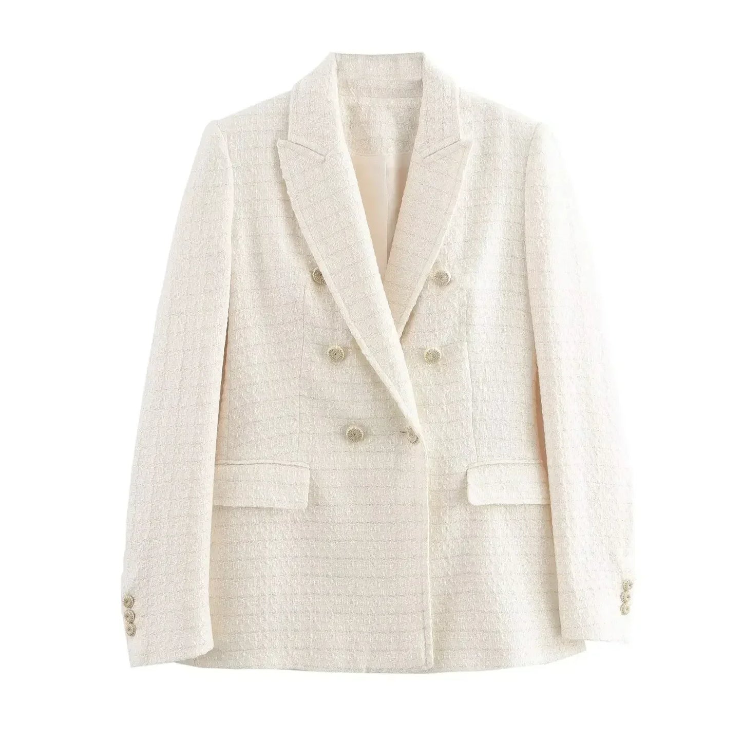 Ladies' new fashion Flip decoration slim double breasted Tweed Check textured suit coat retro long sleeved women's coat chic top