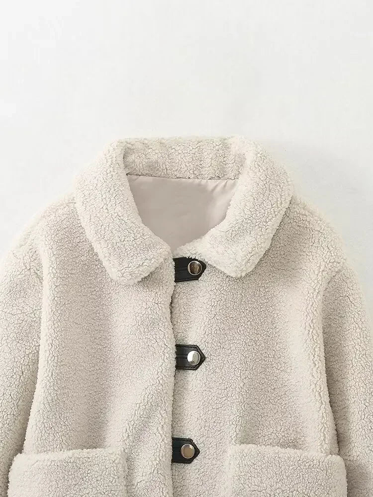 Women's 2024 New Fashion Casual Single breasted Warm Lapel Fleece Jacket Coat Retro Long Sleeve Pocket Women's Coat Unique Top