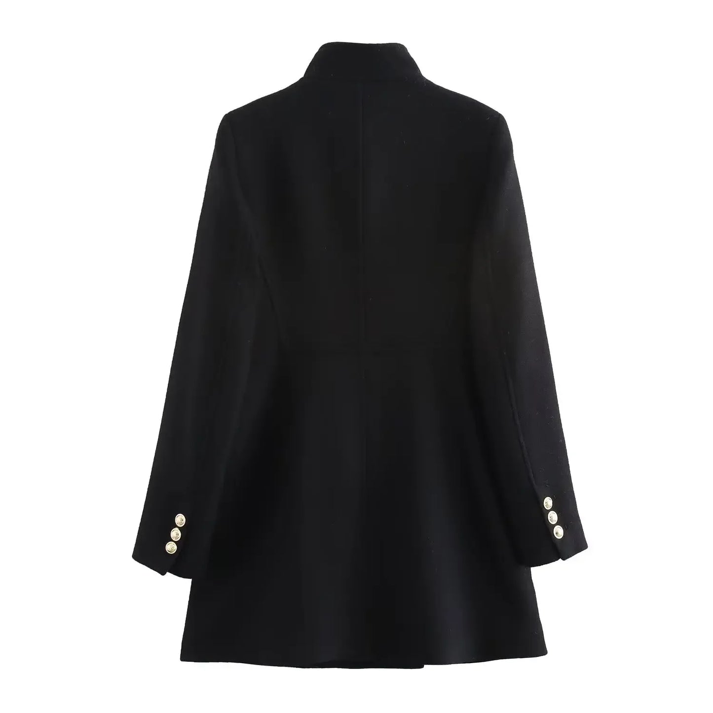 Women's new fashion gold double breasted decoration slim stand Neck woolen coat retro long sleeved pocket women's coat Chic top