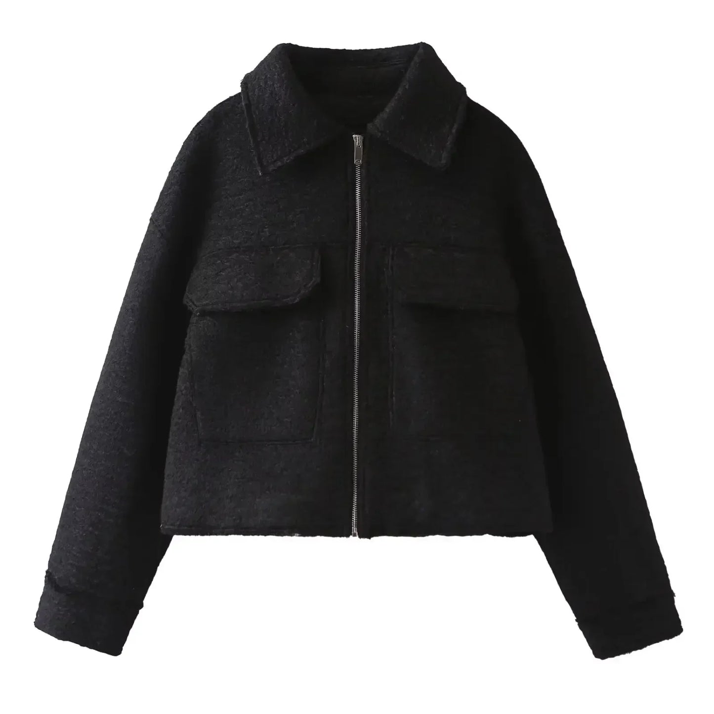 Women's new fashion flip pocket decoration casual short lapel Woolen jacket coat retro long sleeved zipper women's coat chic top