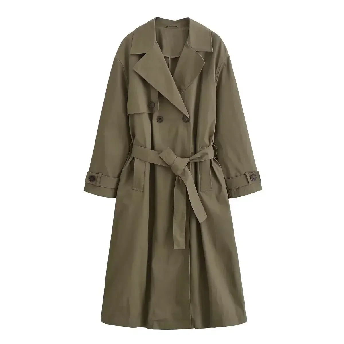 Women's new fashion with belt loose long style double breasted windbreaker coat retro long sleeved pocket women's coat chic top