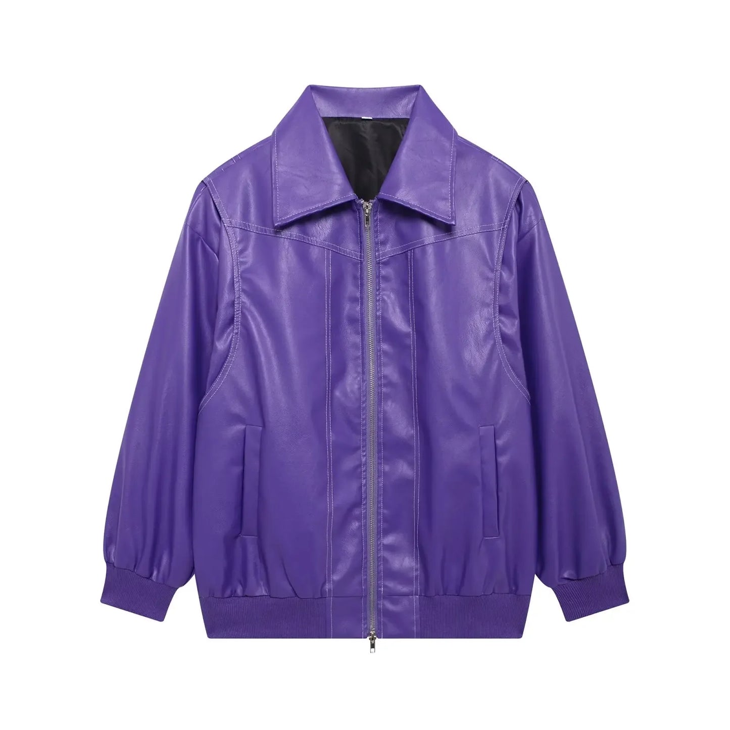 Women's new Fashion loose side pocket casual imitation leather jacket coat retro lapel long sleeved women's coat chic top