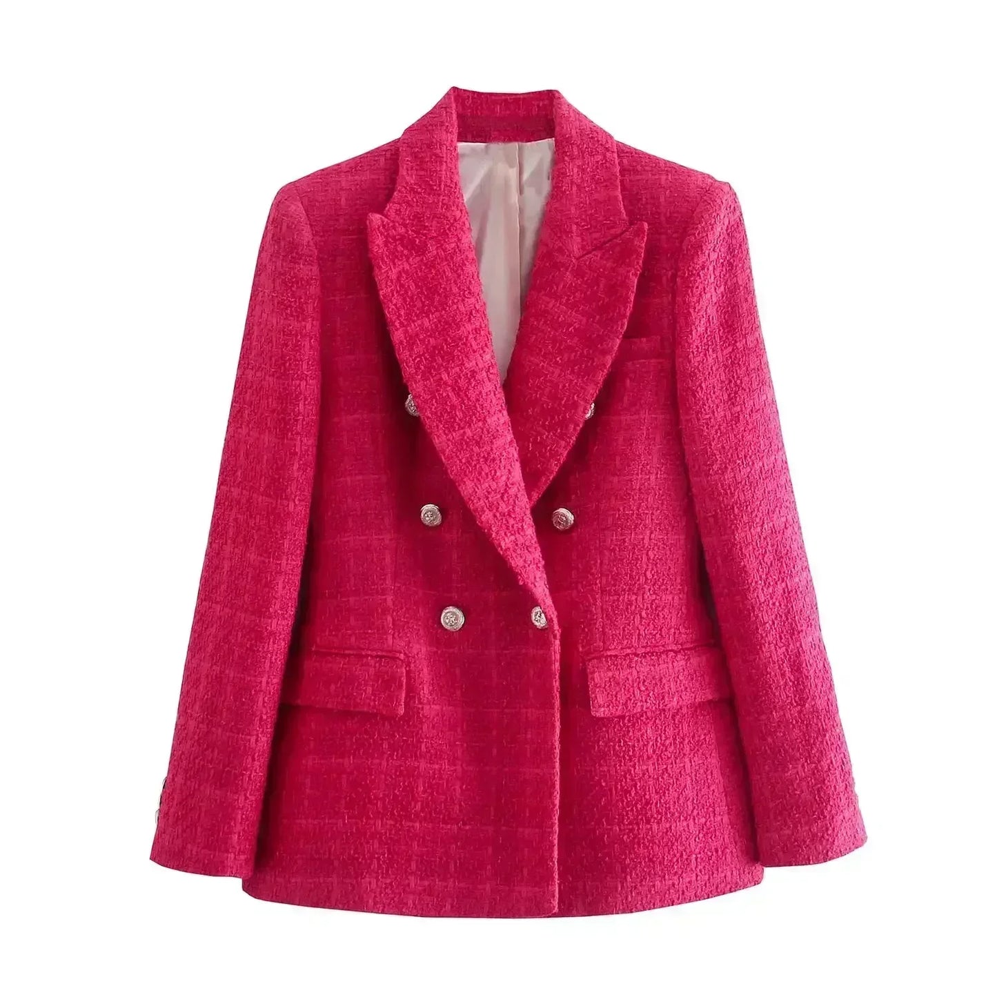 Women 2022 New Fashion Double Breasted Tweed Blazer Coat Vintage Long Sleeve Pockets Female Outerwear Chic